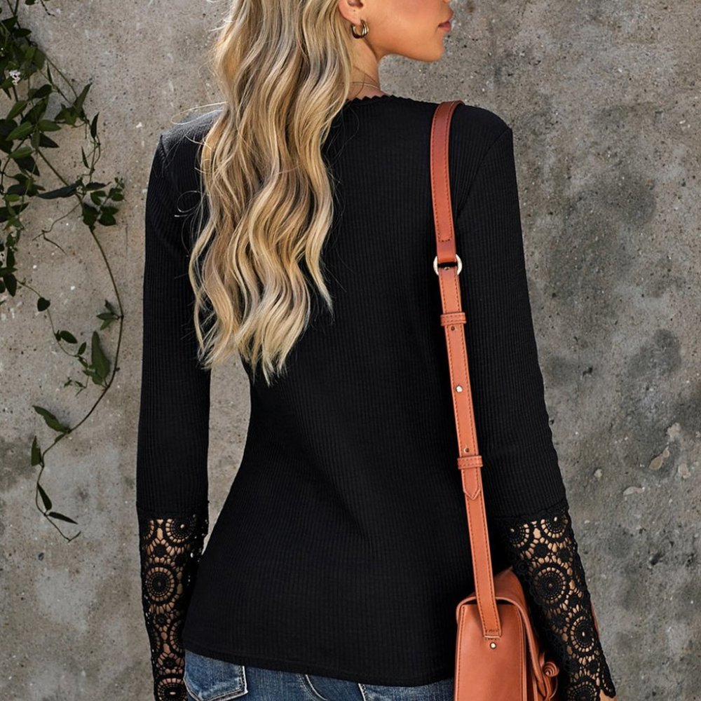 Black Crochet Lace Hem Sleeve Button Top - Picture 3 of 14
